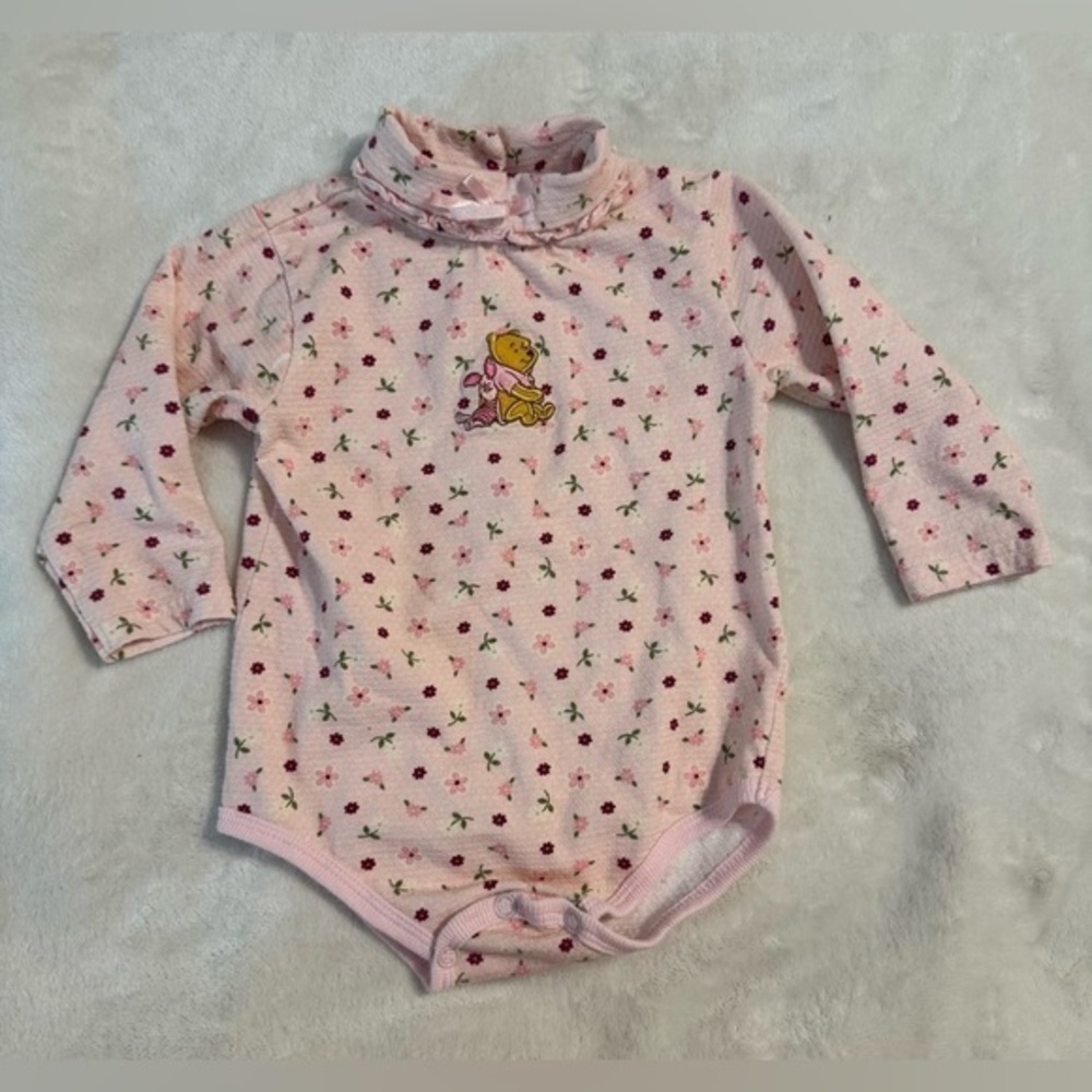 Vintage Disney Winnie the Pooh & Piglet Floral Ruffled Turtleneck Baby Bodysuit